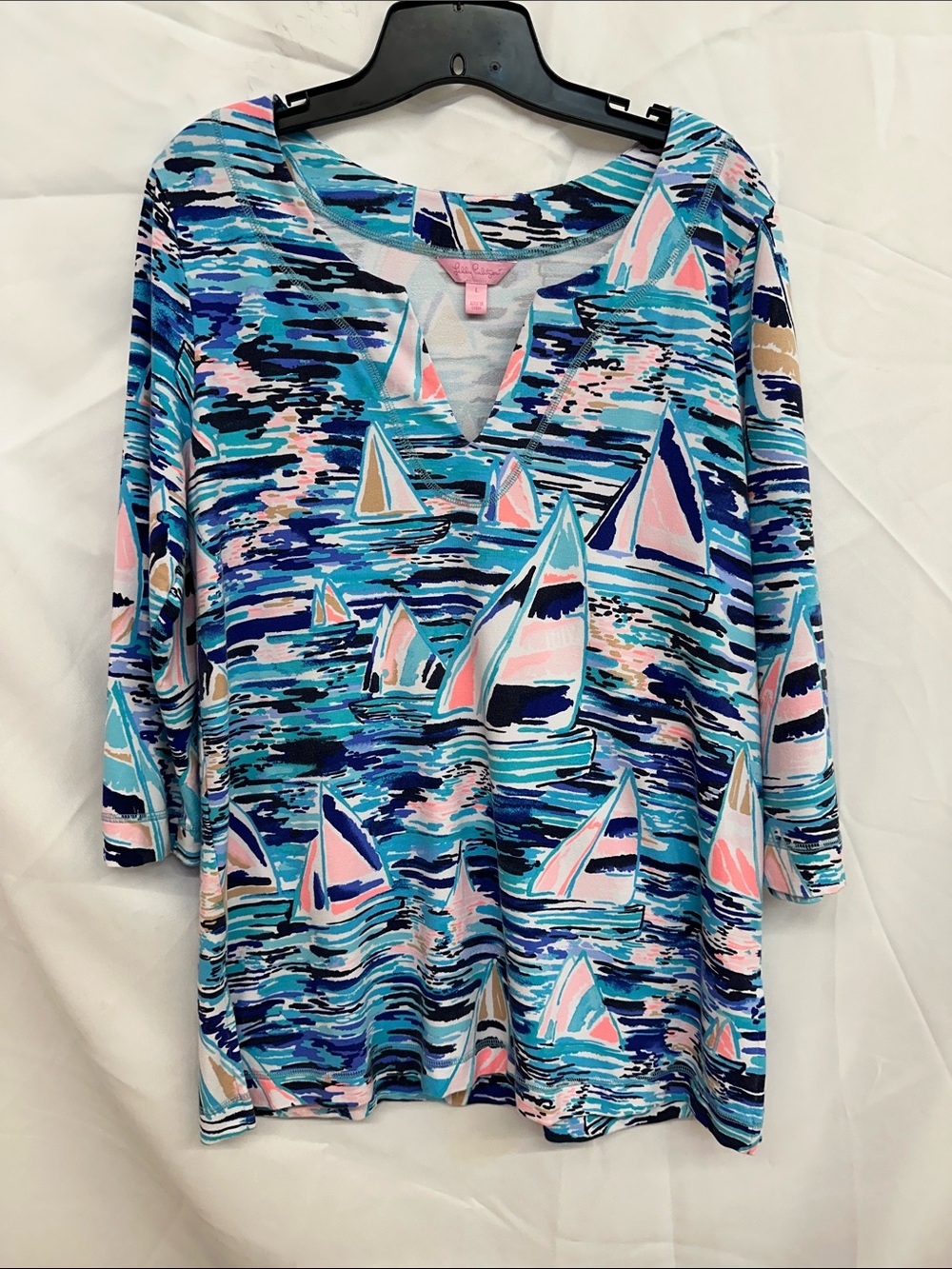 Lilly Pulitzer Blue Pink Sailboat Print V-Neck Top